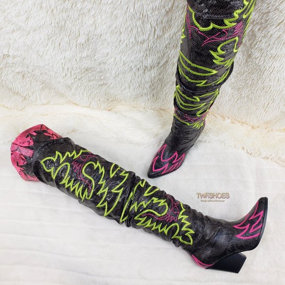Thigh High Western cowboy slouch boots black neon - Picture 4 of 16